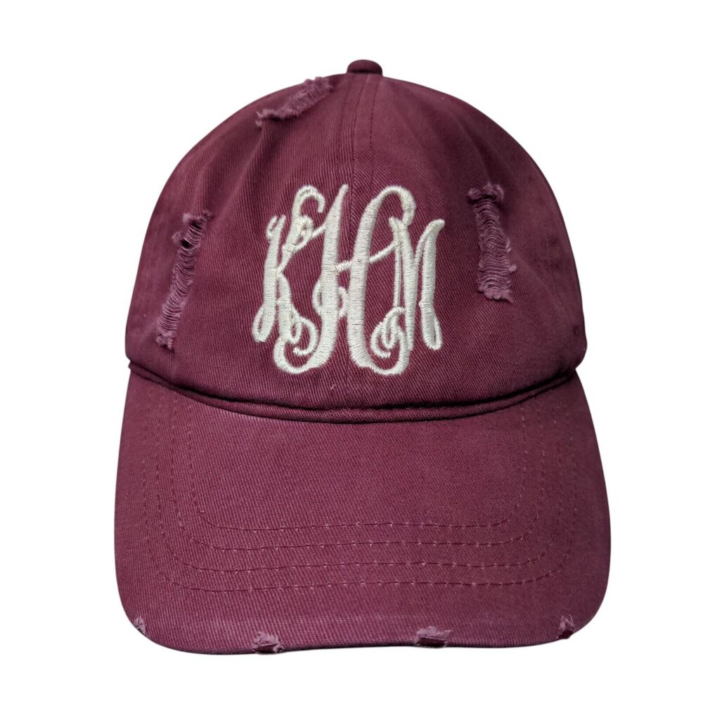 Ponyflo Strapback Hat Ponytail Red Burgundy OSFM Embroidered Distressed